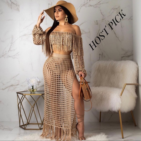 Other - Beach Cover Up Crochet Knit Fringes Maxi Skirt Set
